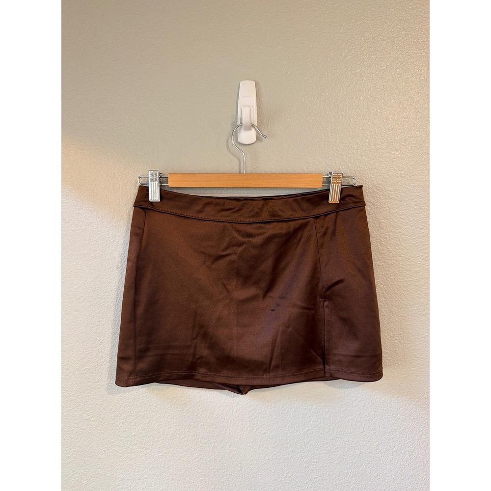 Urban Outfitters Skort Womens Medium Brown Satin Mini Side Slit Stretch Skirt